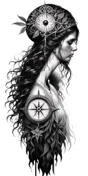 Druid woman nature compass tattoo design idea