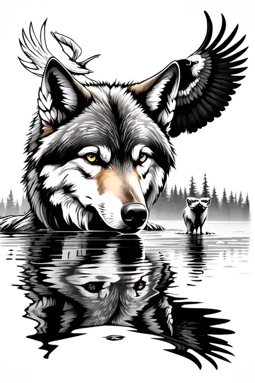 adult wolf who sees his small reflection in the water, with a forest in the background and eagles tattoo design idea