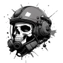 modern fighter pilot helmet that is broken with a skull being revealed, visor down and oxygen mask tattoo design idea