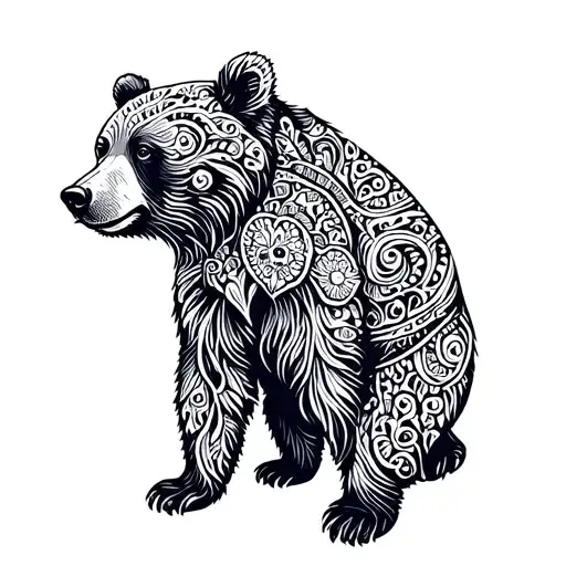 bear from side outline interwined with paisleys minimalistic, remove lines inside bear except for paisleys tattoo design idea
