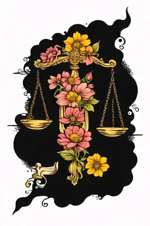 libra scales with cosmos and marigold flowers and libra symbol tattoo design idea
