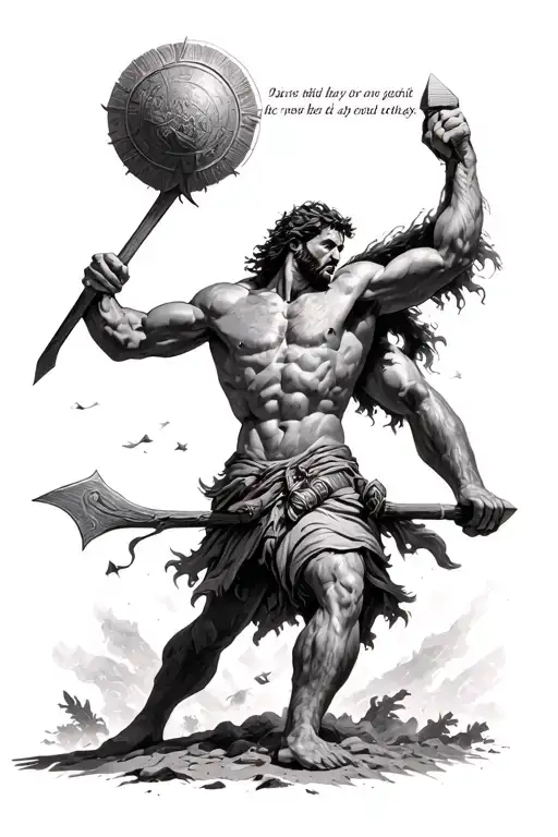 David vs Goliath Message with the bible verse and epic scene tattoo design idea