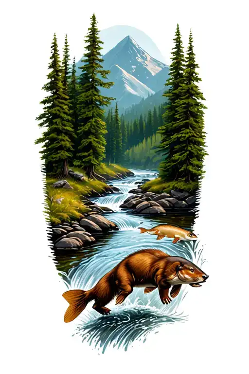 mountain forest with a stream flowing to a beaver pond with trout jumping  tattoo design idea