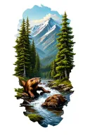 mountain forest with a stream flowing to a beaver pond with trout jumping  tattoo design idea