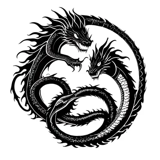 A tribal image of an ouroboros, dragon and snake in a circle eating each other's tail tattoo design idea