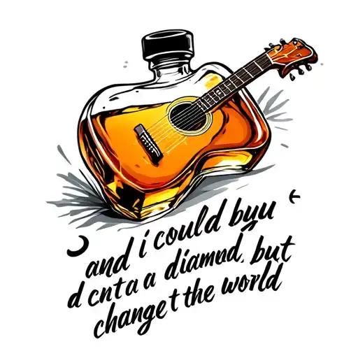 A creative fusion of a whiskey bottle and a guitar, symbolizing the passion for music and whiskey, with the quote 'and i could buy you a diamond, but i cannot change the world' integrated into the design tattoo design idea