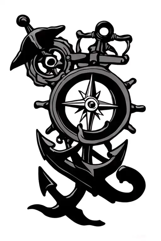 ship wheel, anchor, compass tattoo design idea