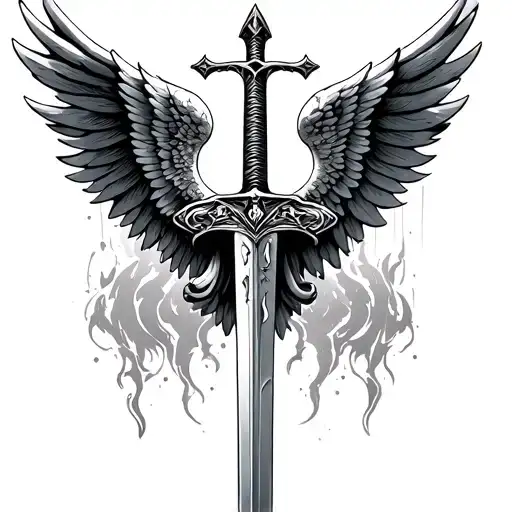 Michael archangel wings with sword in middle tattoo design idea
