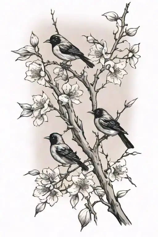 sideways skinny spooky scary cherry branch with minimal blossoms and four very small solid black birds sitting  tattoo design idea