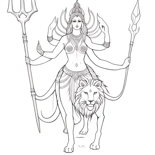 art of Goddess Kushmanda modernized design and minimalistic. she has 8 arms with trident and travels on lion tattoo design idea