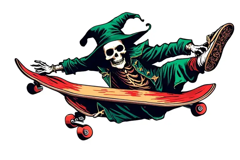 a skeleton wizard doing a kick flip on a skateboard tattoo design idea