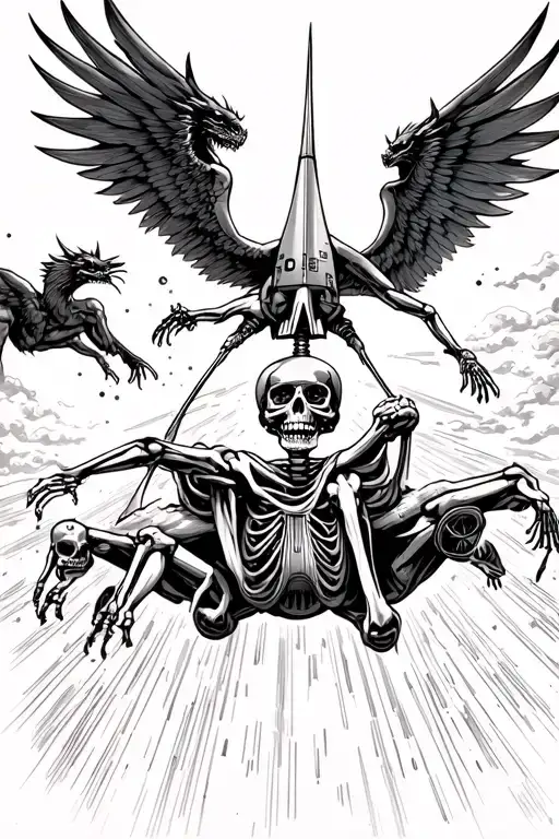 Skeleton hanging on for life to a rocket ship through a solar storm with winged demons attacking him tattoo design idea