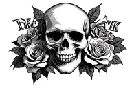 skull and roses with letters tattoo design idea