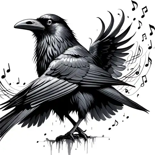 A raven with musical notes flowing out of its wings tattoo design idea