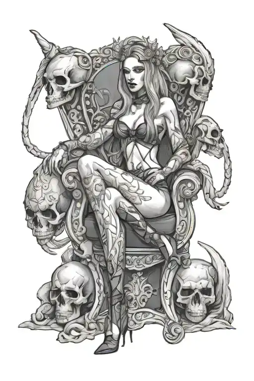 Dom goddess sitting on throne, wearing high heel boots, legs spread, holding Viking skull tattoo design idea