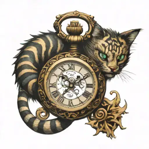 Pocket watch with visual inside cogs. Roman numeral time Cheshire cat tail on outside. tattoo design idea