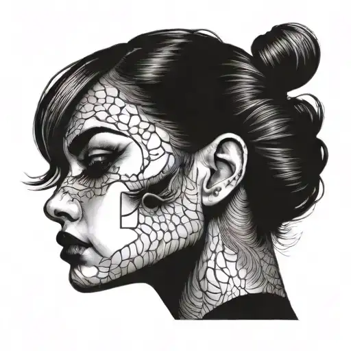 Woman's head turned to the right with black eyes and black eye shadow. tattoo design idea