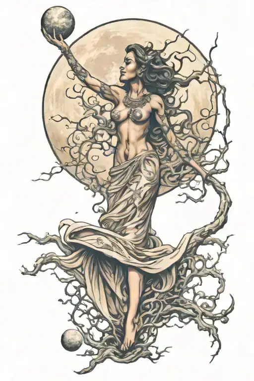 wisdom goddess full body standing reaching out powerful sexy full moon rising tattoo design idea