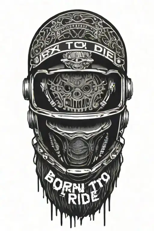 "Born To Ride" texi in horror style on top , under head of motocross helmet  and  under dirt bike tire mark tattoo design idea