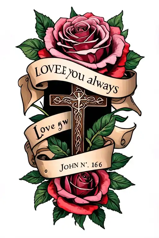 masculine tattoo featuring roses, a cross, and the text “John 3: 16” with "Love you always" black n white tattoo design idea