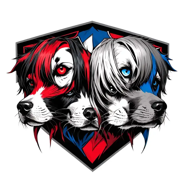 hellsing alucard Eye with hound 3 heads with red and blue tattoo design idea