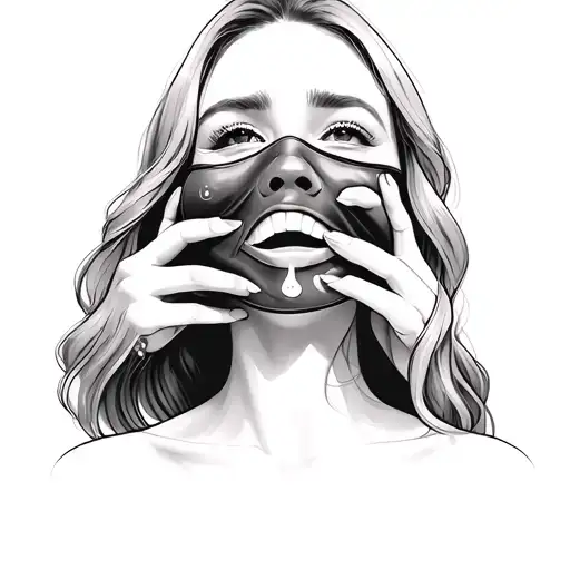 Create a tattoo of a woman taking a mask of happiness and showing a sad face with a tear in the eye tattoo design idea