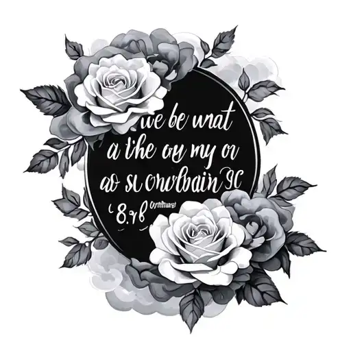 bible verse corinthians 13:8 with roses around it and clouds tattoo design idea