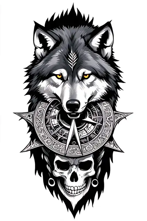 nordic wolf with viking compass and skull tattoo design idea