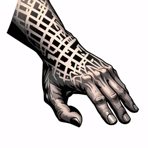 alpha omega style matrix on forearm with one hand tattoo design idea