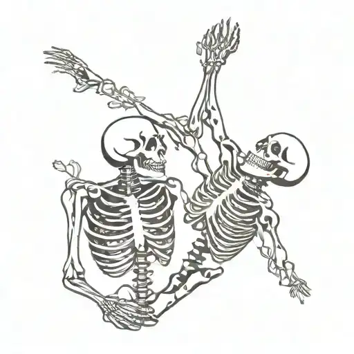 two skeletons in love are floating in the air looking at each other, one is hanging upside down and the other is just ha tattoo design idea