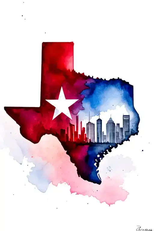 shape of the state of Texas with the Texas flag colors inside and the Dallas skyline  tattoo design idea
