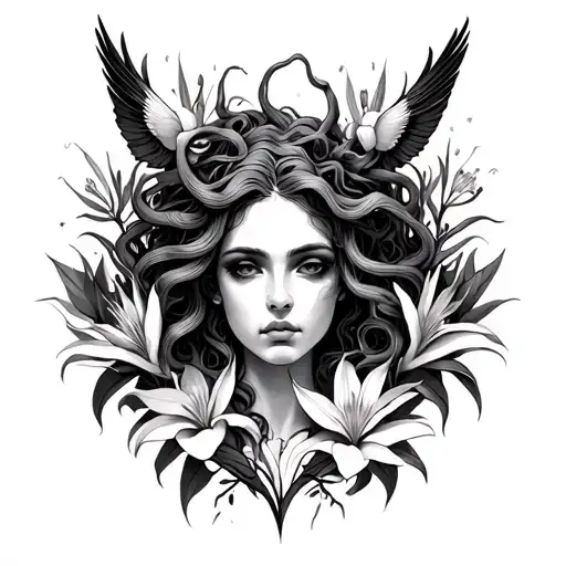 Medusa surrounded by bird of paradise flowers  tattoo design idea