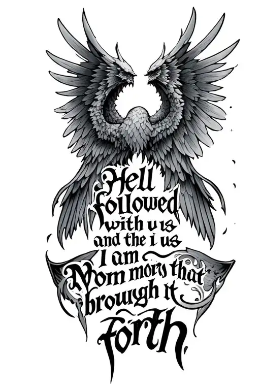 the quote "hell followed with us and I am the monster that brought it forth" with three seraph wings each side  tattoo design idea