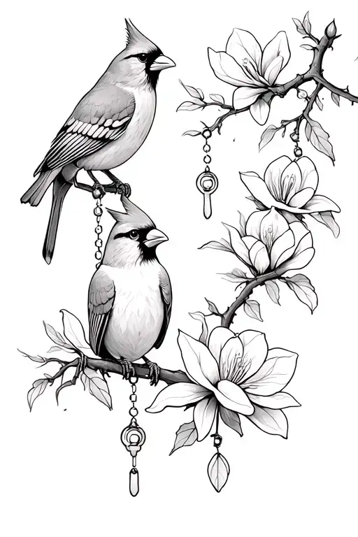 one male and one female cardinal sitting on vine with magnolias and a rosary  tattoo design idea