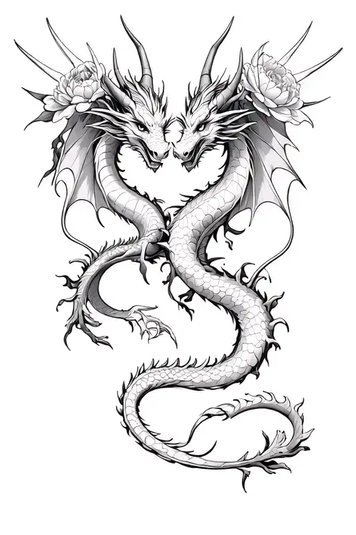 two dragons with wings and horns, with intertwined tails, almost touching heads, beautiful peony buds and petals on top tattoo design idea