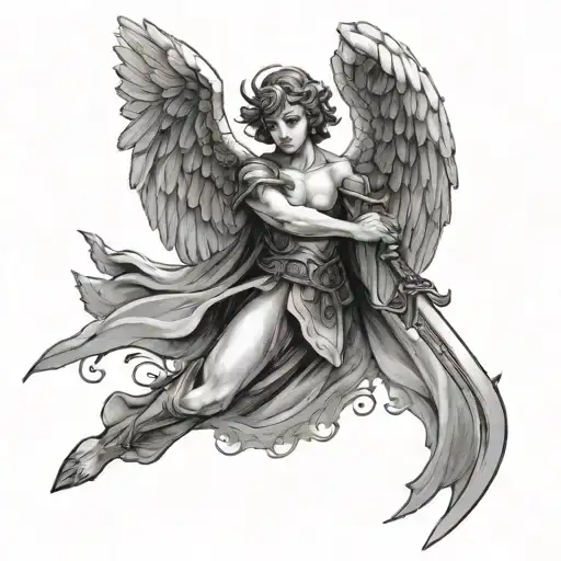Angel with sword and wings spread wide tattoo design idea