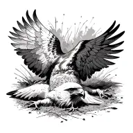 Vintage style hawk laying on its back on the ground exhausted with its wings sprawled out tattoo design idea