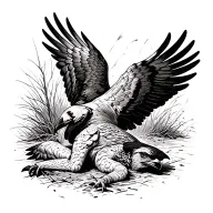 Vintage style hawk laying on its back on the ground exhausted with its wings sprawled out tattoo design idea