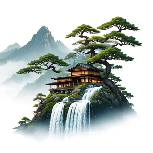 mount paozu with a japanese house on the top of the mountain, a large waterfall and many bonsai trees tattoo design idea