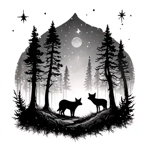 A mystical forest scene with hidden animal silhouettes among the trees and stars above tattoo design idea