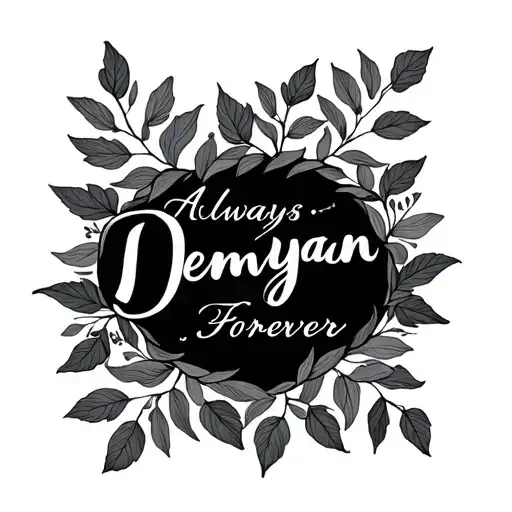 "Demyan " name Demyan in fine writing with always and forever under it dainty a small tattoo on lower back with leaves surrounding tattoo design idea