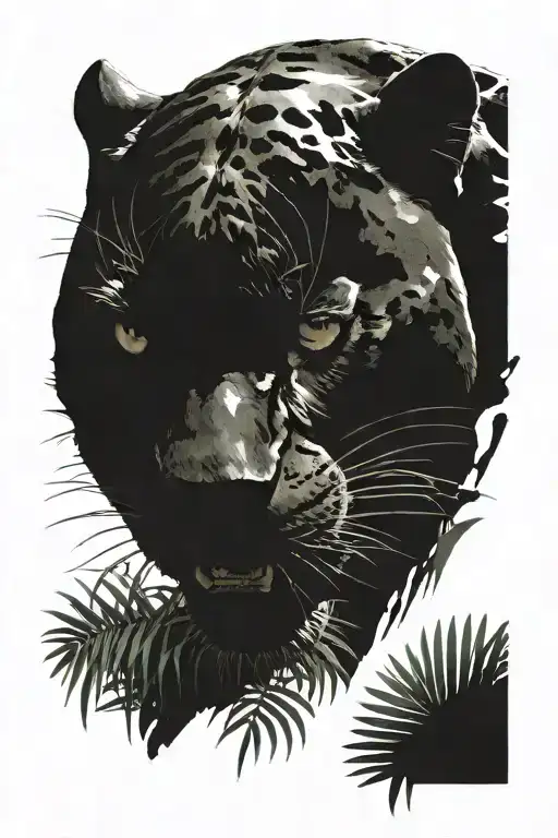 Black panther with a grin on the background of the jungle tattoo design idea