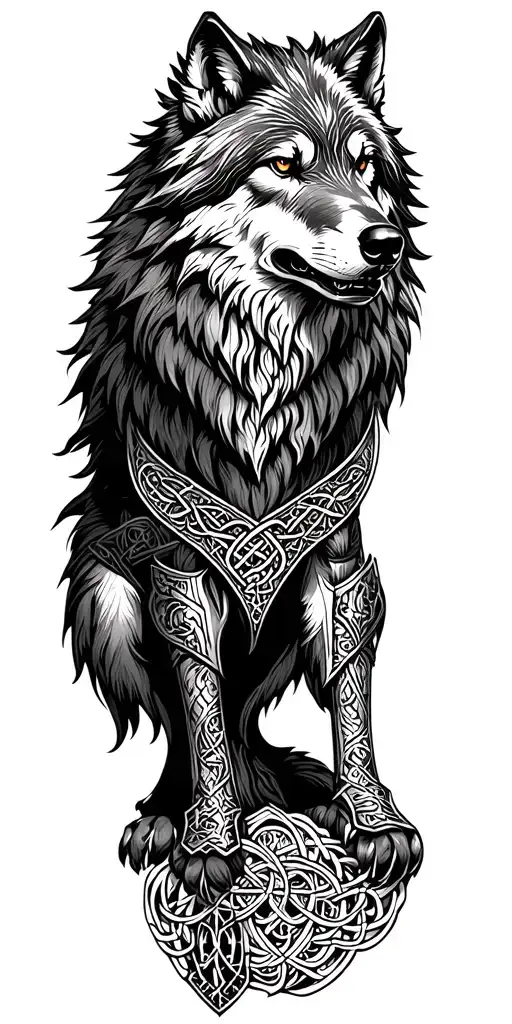 Celtic wolf surrounded by armor  tattoo design idea