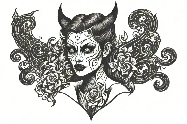 body shape of a woman with devil face inside tattoo design idea