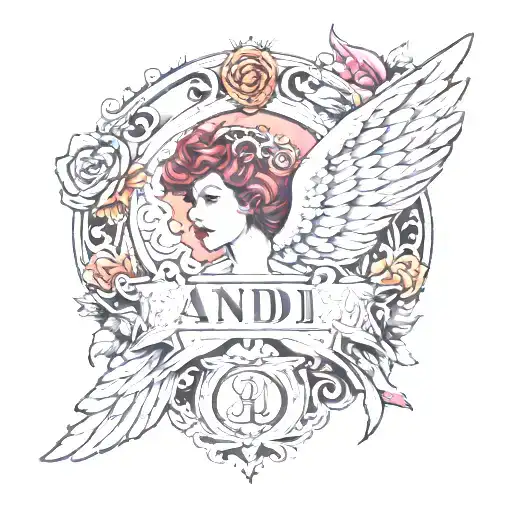 the word "Andi James" with angel wings and a halo  tattoo design idea