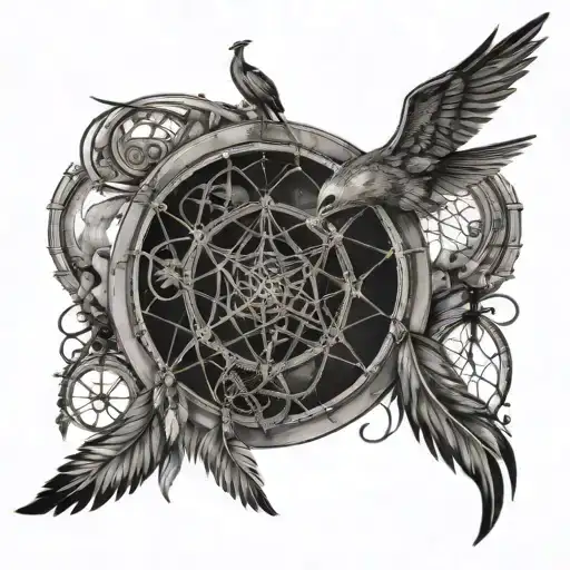 A dream catcher made of musical instruments and Disney symbols, with a turtle and phoenix flying above tattoo design idea