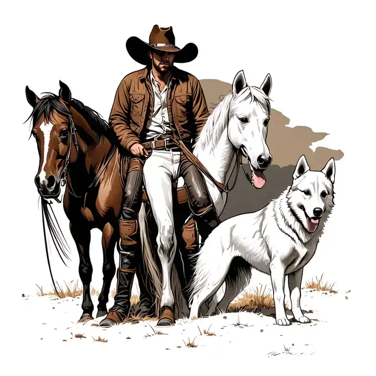 cowboy on his brown horse next to his white horse with his german shepard and white husky next to him tattoo design idea