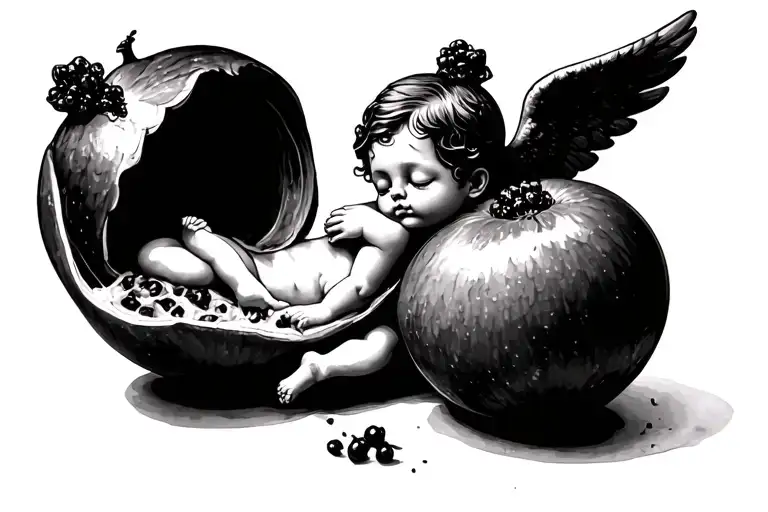 a kewpie doll whit angel wings sleeping inside of an open pomegranate, you can see the seems. hand draw style tattoo design idea