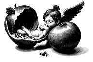 a kewpie doll whit angel wings sleeping inside of an open pomegranate, you can see the seems. hand draw style tattoo design idea