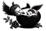 a kewpie doll whit angel wings sleeping inside of an open pomegranate, you can see the seems. hand draw style tattoo design idea